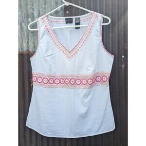 Y2K Linen Peasant Top Size 10 White Embroidered Boho Gypsy Coastal Cowgirl Pink